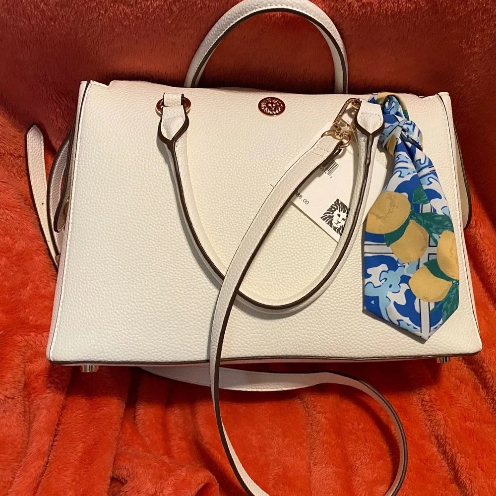 Anne Klein Satchel Purse‎ White Faux Leather Double Handle Crossbody Bag New!